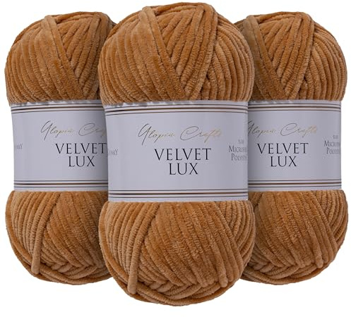 Utopia Crafts Velvet Lux Chenille supermjukt tjockt garn för stickning och virkning garn 3 x 100 g (varmbrun)