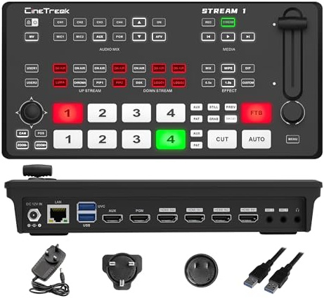 CINETREAK Stream 1 Live-Streaming Switcher 4 HDMI & AUX Eingänge, PTZ Steuerung, Dual RTMP Streaming, Chroma/Luma Key, Aufnahme & Wiedergabe sowie Landschafts- & Hochformat-Streaming (NDI Updatefähig)