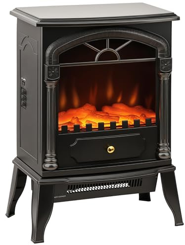 HOMCOM Electric Fireplace Stove Heater with 3D Flame Effect, 2000W/1000W, Freestanding Portable Fireplace with Adjustable Thermostat, 2 Heat Settings for Living Room, Black