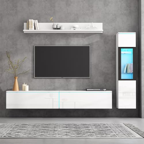 Merax Juego de 3 paneles de TV con iluminación LED, color blanco brillante, 1 mueble de TV, 1 vitrina de salón, 1 estante colgante, control de luz RGB mediante aplicación, moderna placa de TV para