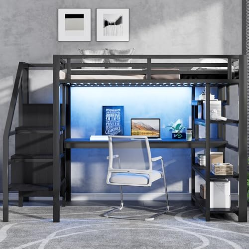Moimhear Cama alta de metal de 140 x 200 cm con escalera, armario abierto, escritorio integrado, compartimentos de almacenamiento, estación de carga USB, negro, sin colchón