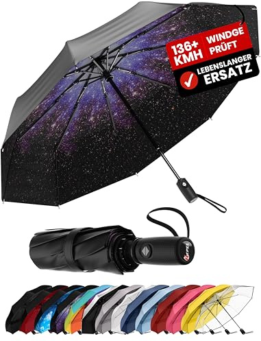 Repel Umbrella sturmfester Regenschirm – kompakter, leichter, automatischer, starker und tragbarer Sonnenschirm – windresistent, kleiner faltbarer Taschenschirm für Männer und Frauen – Sternenhimmel