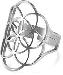 Amaxer Ring mit Blume des Lebens, Mandala, heilige Geometrie, Statement, ausgehöhlt, verstellbarer Bandring, Schmuck für Frauen, Edelstahl (Silber)