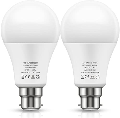 LOHAS-LED B22 LED Bulbs 150W Equivalent, 17W LED Bayonet Light, Cool White 6000K, Super Bright 1600Lm, Non-Dimmable, Energy Saving Light Bulbs, 2 Pack