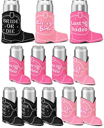 CiyvoLyeen Cowgirl Boots Can Coolers, 12PCS Bachelorette Party Can Sleeves Neoprene Insulator Drink Glasses Cup Holders for Disco Western Cowboy Women Girl Gifts Let's Go Girls Bride or Die Supplies