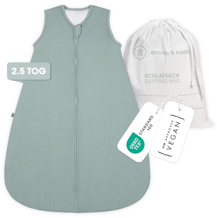 emma & noah Baby Schlafsack 2.5 TOG, Strampelsack für den Herbst und Winter in vielen Farben, Bio-Baumwolle, OEKO-TEX Zertifiziert, Schlafsack für Neugeborene (Essential Mint, 100 cm)