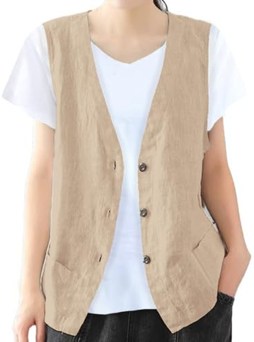 IDEALSANXUN Cotton Linen Vest Women Sleeveless Blazers for Women Vests Fashion Casual Dressy Lightweight Jacket Waistcoat Vest(Khaki, XL)