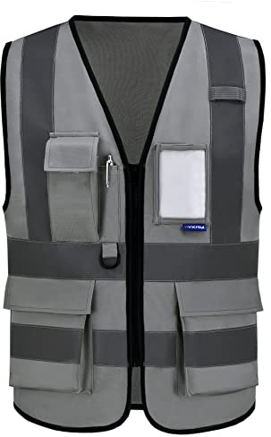 Grey hi vis Zipper Front High Visibility vest Hi Vis Executive Vest Waistcoat with Phone & ID Pockets