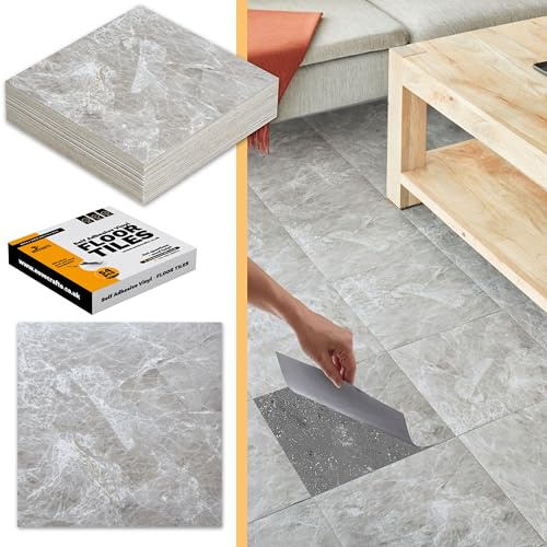 Vinyl Floor Tiles Self Adhesive - 30 Pack to Cover 30 sqf (2.79 sqm) | Each Sticker Tile Size 12x12In (30.5 x 30.5cm) - Peel and Stick Vinyl Floor Tiles | Light Grey Marble Effect