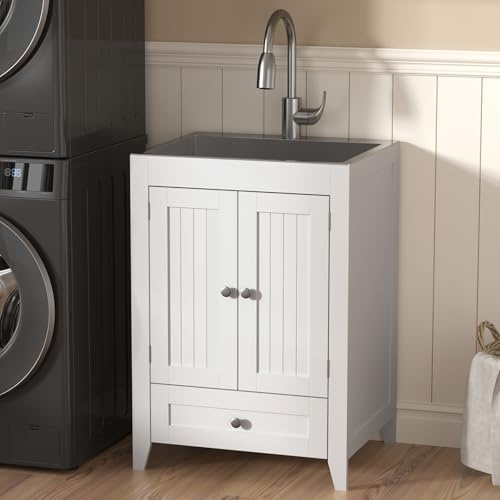 VINGLI 24-Inch Laundry Sink with Cabinet and Pull-Out Sprayer Faucet, Stainless Steel Utility Sink with Cabinet and Drawer Combo, Cabinet with Sink for Laundry & Utility Room, Kitchen, Bathroom, White