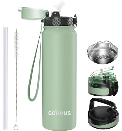 GOPPUS 1L/32oz Borraccia in Acciaio Inox con Cannuccia Borraccia per Acqua Termica Calda a Doppia Parete Borraccia Isolata Borraccia per Acqua Fredda a Prova di Perdite Adulto con 3 Coperchi