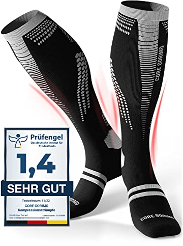 CORE GORIMO - Kompressionsstrümpfe Sport - Atmungsaktiv - Stützstrümpfe & Thrombosestrümpfe Herren und Damen für Sport, Flug und stehende Berufe (schwarz/weiß, 45-48)