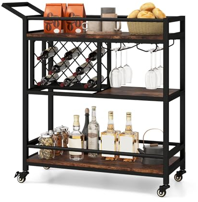 GOPLUS Desserte Cuisine à roulettes, Chariot de Service Roulant à 3 Niveaux avec Supports à Verres à Pied, Casier à Vin, Poignée ratique, pour Cuisine, Salle à Manger, Salon(Marron)