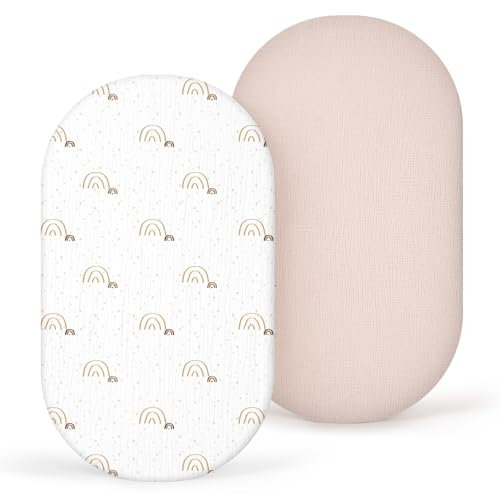 lulumoon Musselin Stubenwagen Spannbettlaken 90x40cm: 2er-Set Kinderwagen Matratzenbezug für Beistellbett und Wiege 100% Baumwolle (Regenbogen Rosa)