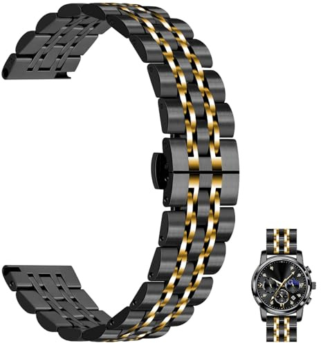 Juntan 7 Beads Quick Release Watch Band, 20mm Stainless Steel Watch Strap for Men Women, Adjustable Business Metal Watch Bracelet with Butterfly Clasp Gold Black