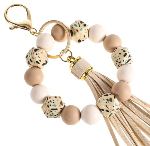 Mabor Schlüsselanhänger Damen, Silikon Schlüsselanhänger Armband Handgelen Autoschlüsselanhänger Elastisches Schlüsselarmband PU Quaste Schlüsselanhänger Perlen Taschenanhänger für Damen