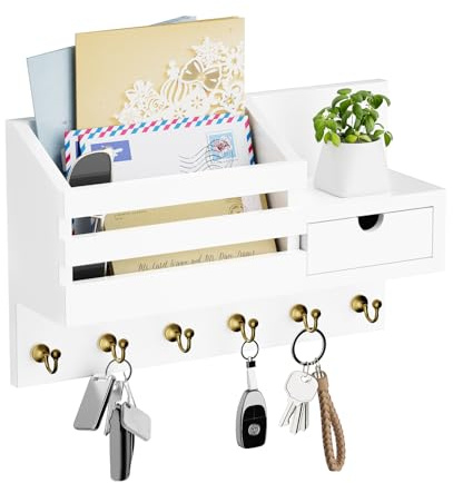 Restorgan Schlüsselablage - Schlüsselbrett mit 6 Haken und Aufbewahrungsschublade,Wand Schlüsselhaken, Wandregal für Schlüsselanhänger Organizer, für Eingang Wohnzimmer Flur Büro (weiß)