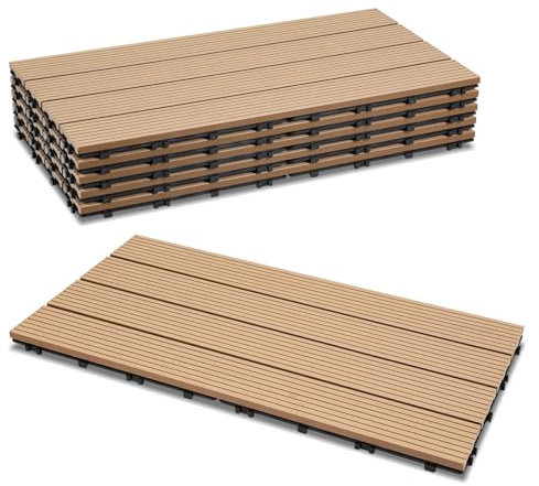 Cecaylie 30er Pack WPC Terrassenfliese, Teak Balkonfliesen 30x60cm - 5m², Ideal für den Außenbereich Klickfliesen für Balkon, Garten, Terrasse, Bodenbelag Einfach, Schnell und Praktisch Verlegt
