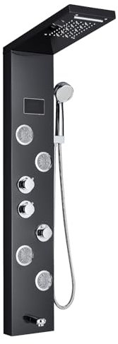 HARNART Pannello doccia a LED con rubinetto, 5 funzioni, pannello doccia con indicatore di temperatura LED, doccia e doccia a cascata, colonna doccia in acciaio inox 304