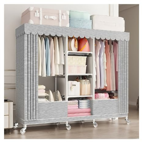 Gumatea Armario de Ropa con Ruedas, Armario de Tela con Tapa, Armario Portátil con Cremallera, Colgar y estantes, Gran Capacidad Armario Vestidor de Tela para Dormitorio, Estudio