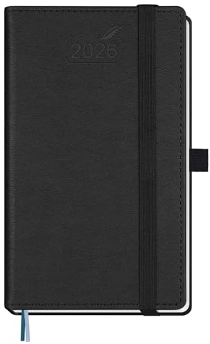 BEZEND Pocket Diary 2026 Small Week to View Full Year 15.5 x 9 cm - A6 Slim Weekly Planner 26 with Inner Pocket, Pen Holder & PU Leather Hardback - Black
