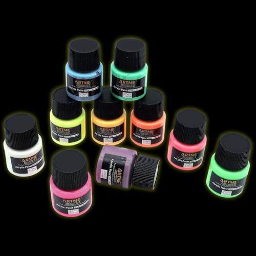 Artme Set di colori acrilici fosforescenti, tubetti da 20 ml, 10 colori luminosi, per arte e artigianato, asciugatura rapida, a base d'acqua, atossici, ideali per carta, tela, legno, rocce