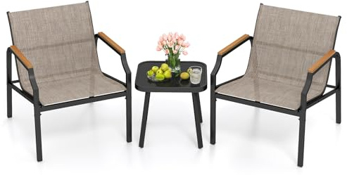 COSTWAY 3-Piece Patio Bistro Set, Garden Furniture Set with Square Side Table and Chairs, Metal Frame Outdoor Conversation Table Chairs Set for Balcony, Lawn and Poolside