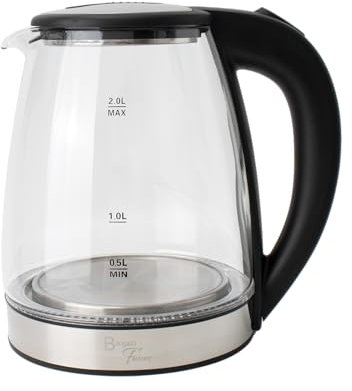 Bargain Factory Electric Kettle Glass 2L – 1800W Fast Boil, BPA-Free, Quiet Boil, Blue LED, No Plastic, Boil-Dry Protection, Black Electric Glass Kettle