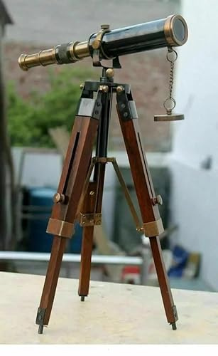 Nautiskt vintage marin mässing kopia maritimt teleskop med stativ trästativ