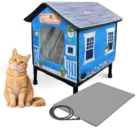 Heated Cat House for Outside,Cat Heating Pad with Dual Escape Doors,Elevated Waterrproof Insulated Heated Cat House with Heater for Winter,Soft Cat Bed,Safety Outdoor Feral, Stray, Barn Cats Shelter