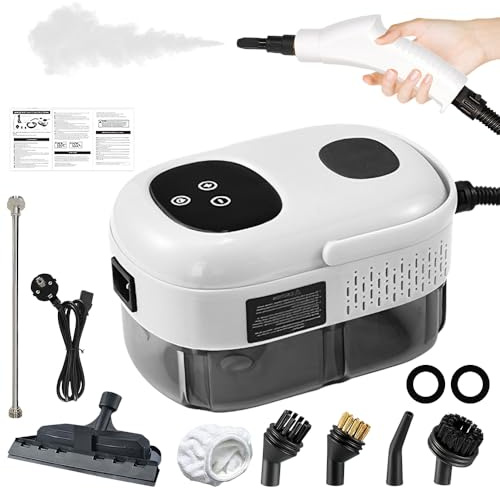 SGZIOO Tragbarer Dampfreiniger, 2500W Dampfreiniger Handgerät, Handdampfreiniger mit 1100ML Wassertank und 3 Bürstenköpfen, Hochdruck Dampfreiniger für Küche, Badezimmer, Auto, Teppiche (Weiß)