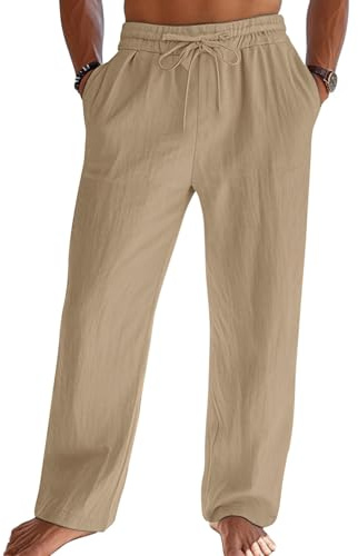 Litthing Mens Linen Trousers Cotton Lightweight Summer Trousers Loose Fit