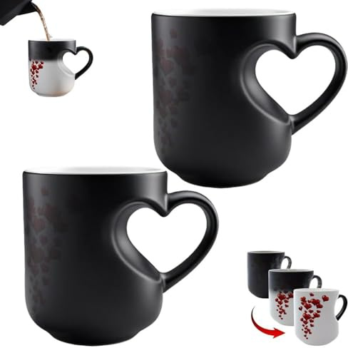 Hjärtformad färgskiftande magisk keramisk mugg, hjärtformat handtag keramisk kaffekopp för alla hjärtans dag, romantisk gåva, som avslöjar designen när den är fylld med varm dryck (2 st)