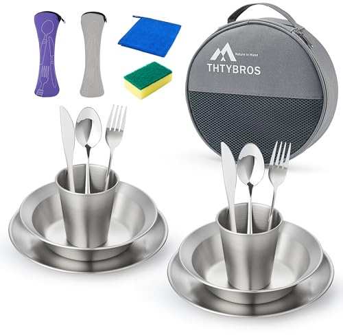 Stainless Steel Camping Mess Kit for 1-4 People,All-in-One Camping Cookware & Tableware Set with Plates,Bowls, Cups,Cutlery & Carry Bag,Outdoor Cooking Utensils for Camping,Backpacking,Hiking, Picnic