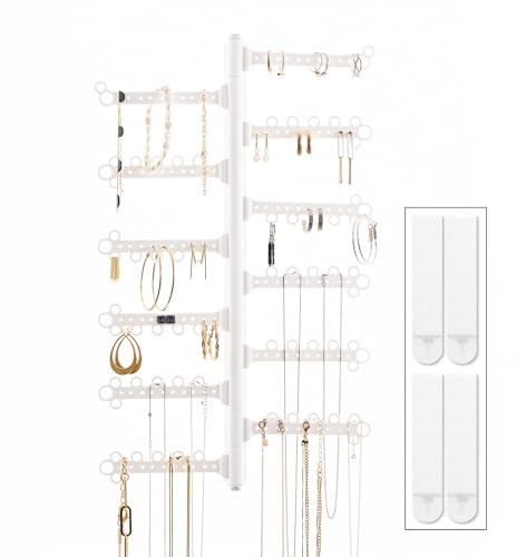AllHungUp 12-Tier Wall Jewelry Organizer Wall Mounted Jewelry Organizer Necklace Holder Wall Mount Hanging Necklace Organizer Jewelry Hanger Wall Mounted Earring Holder Display Earring Organizer White