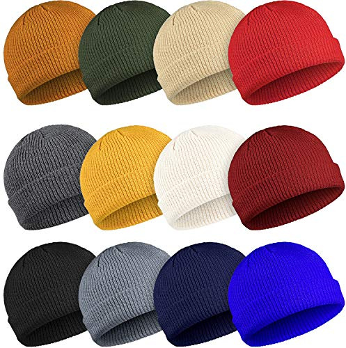 Geyoga 12 Pcs Trawler Beanie Hats for Men Fisherman Roll up Short Cuff Knit Beanie Bulk Winter Watch Cap for Men Women(Multiple Colors)