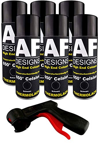 Alex Flittner Designs Vernice termica spray 6 bombolette spray per stufa, vernice di scarico e manico bomboletta spray nero, resistente al calore, 650 °C, nero, 400 ml, protegge il motore e lo scarico