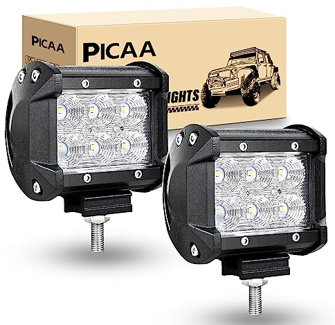 PICAA Faro da Lavoro LED 2pcs 18W 4 Pollici Flood Light Fari Led Auto Luci Off Road per Fuoristrada Guida Fendinebbia Luci della Barca Luci di Guida Faro da Lavoro a Led SUV Lampada Trattore