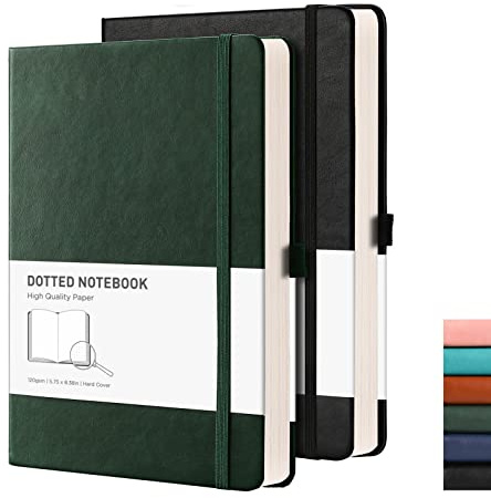 Anteckningsbok Dotted A5 2-pack – RETTACY softcover bullet dot journal hardcovermed 320 numrerade sidor, tjockt 120 gsm papper, 2 gratis mallar, 2 bokmärken, innerförpackning, 15 x 21 cm