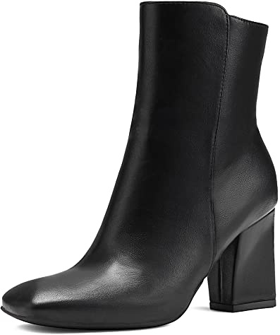 mysoft Women's Ankle Boots Square Toe Side Zipper GoGo Boots Chunky Block Heel Mid Calf Low Heeled Short Booties