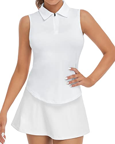 Soneven Golf Poloshirt Damen Ärmellos Leichte Golf Polo Top mit Polokragen Sport Shirts für Damen Atmungsaktiv Tennis Shirt Polohemd Sommershirts Weiß S