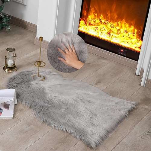 linmopm Alfombra de piel de oveja sintética súper suave y esponjosa para dormitorio, sofá, sala de estar, alfombra de felpa de alta densidad para sofá, mesita de noche (gris, 2 x 3 pies, piel de oveja