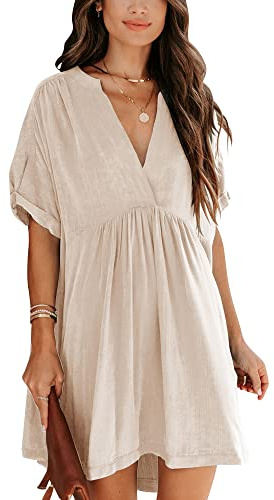 Minclouse Women's Babydoll Short Sleeve Tunic Dress V Neck Cute Casual Loose Dresses (Apricot,Small,Female,Adult,US,Alpha,Small,Regular,Regular)
