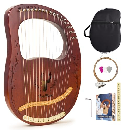 VixxNoxx Lyre Harp, 16 Metal Strings Mahogany Lyra Harp Stringed Musical Instruments with Tuning Wrench, Spare String Set, Manual Book