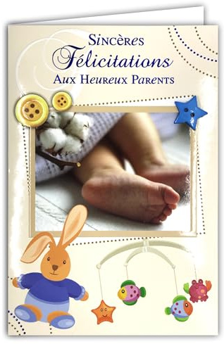 66-1030-B Carte Sincères Félicitations aux Heureux Parents Naissance ou Adoption Garçon Bienvenue à Bébé + Enveloppe 12x17,5cm - Collage Bouton Bleu en Forme d'étoile - Peluche Doudou Lapin Poissons