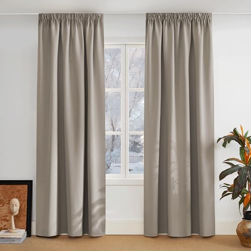 PONY DANCE Curtains with Wrinkle Tape Opaque 2 Pieces H 228 x W 228 cm Thermal Insulation for Living Room Modern Blackout Sand