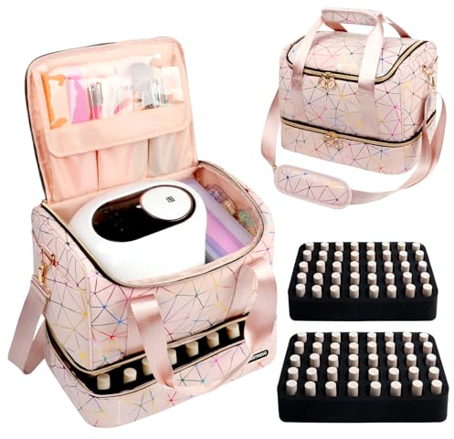 Partreko Nail Polish Organizer Holds 80 Bottles (15ml/0.5 fl.oz)& Nail Lamp, PU Leather Nail Organizers and Storage Bag with Shoulder Strap, Portable Nail Supplies Kit Organizer Carrying Case (Pink)