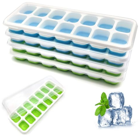 YAZHED 4 Pack Silikon Eiswürfelform mit Deckel LFGB Zertifiziert und BPA Frei Eiswürfelbehälter Stapelbar Leicht zu Lösen Leicht zu Entfernen für Kaffee Cocktails Whisky Getränke (2*Blau + 2*Grün)