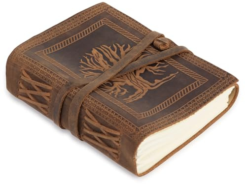 GlobeeCraft Cahier Vintage en Cuir avec Arbre de Vie - Cahier avec Pages Blanches - Libre Beau Idéal comme Cahier de Voyage, Journal de Notes, Journal de Voyage, Journal Personnel 20,5 x 16 cm