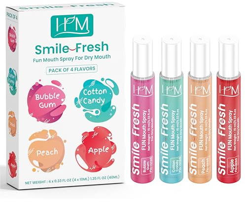HM - Dry Mouth Fun 4 Flavoured Spray - Peach, Bubble Gum, Cotton Candy & Apple - Alcohol Free, Instantly Hydrate & Moisturize, Ph Balanced, Promotes Saliva Production & Soothes Pack of 4 x 0.33 oz